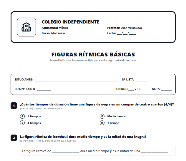 Ejemplo de evaluación en PDF lista para imprimir